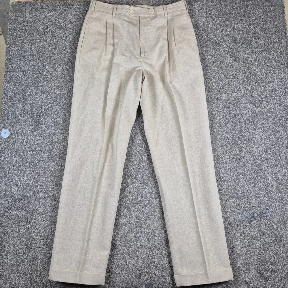 Vintage J Peterman Company Dress Pants Mens 34 Beige Linen Cotton Pleated Cuffed